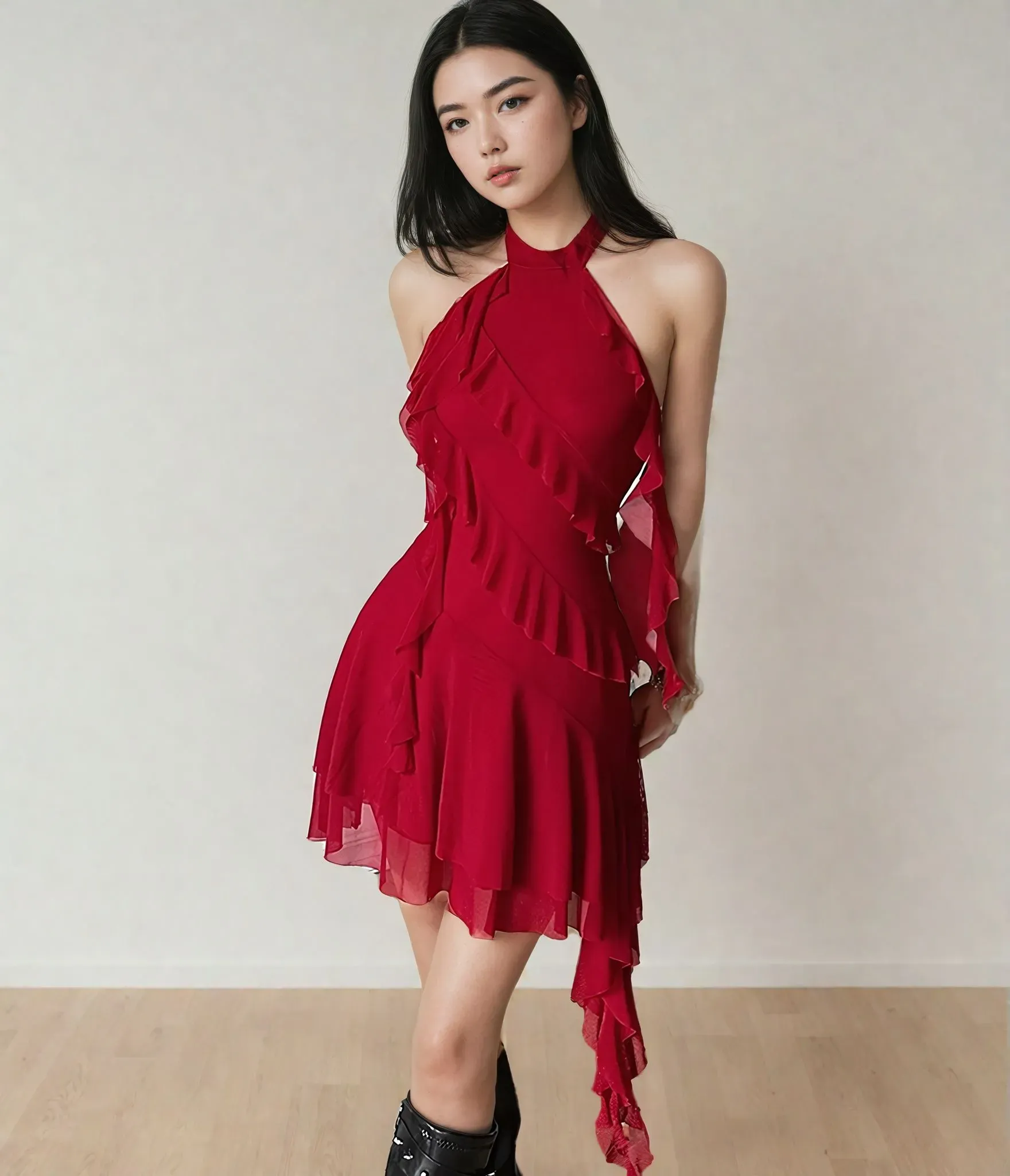 Red Ruffle Halter Neck Mini Dress