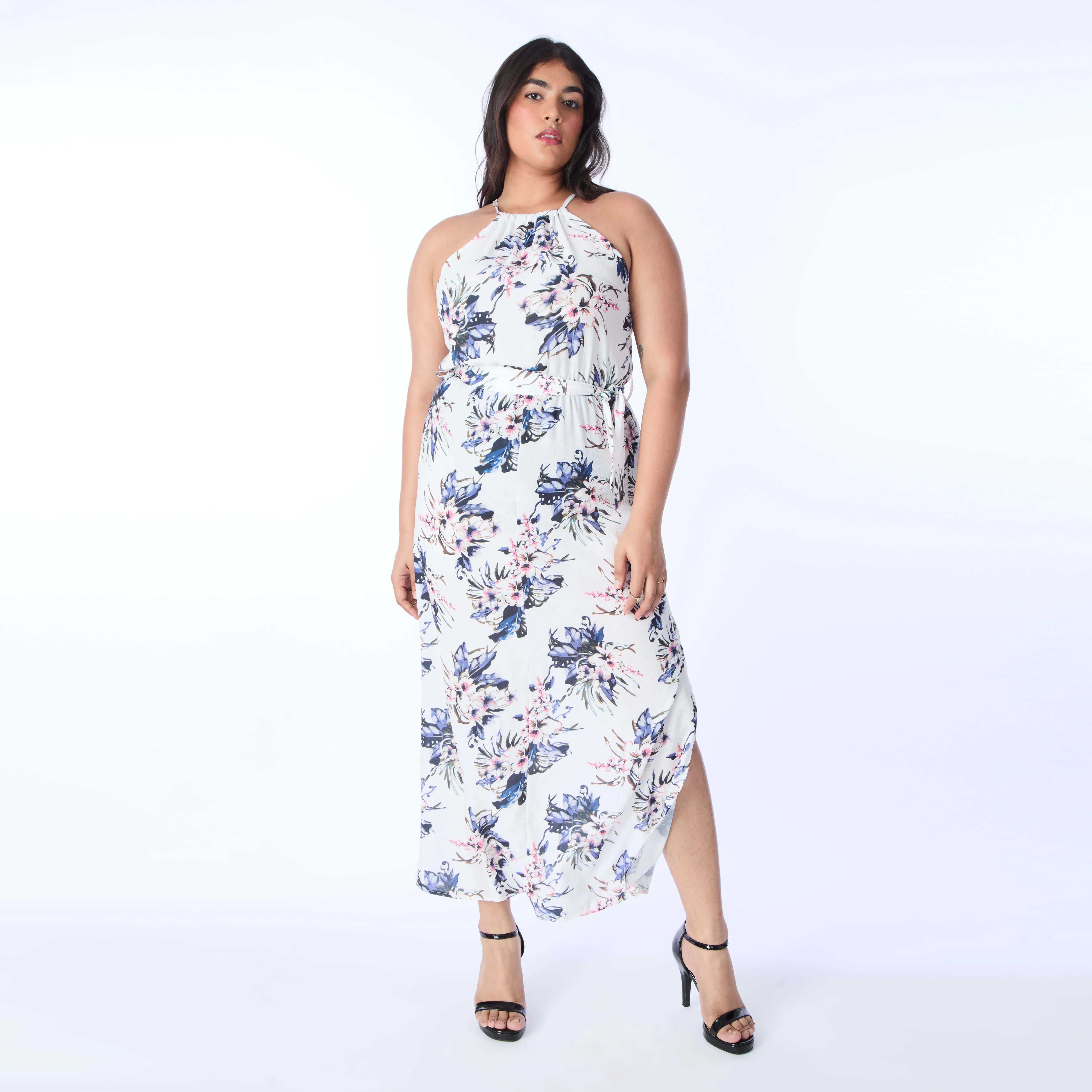 White Floral Halter Sleeveless Maxi Dress - Image 3
