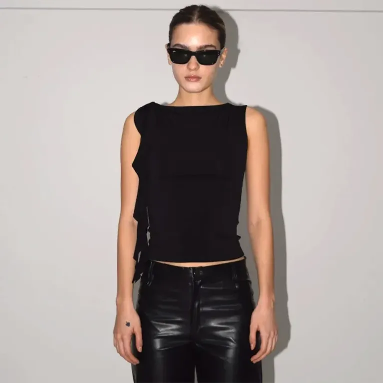 Black Solid Ruffle Top - Image 1