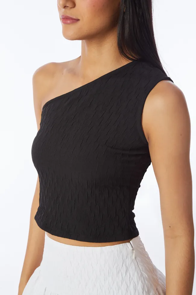Black Textured One Shoulder Top - NEWME