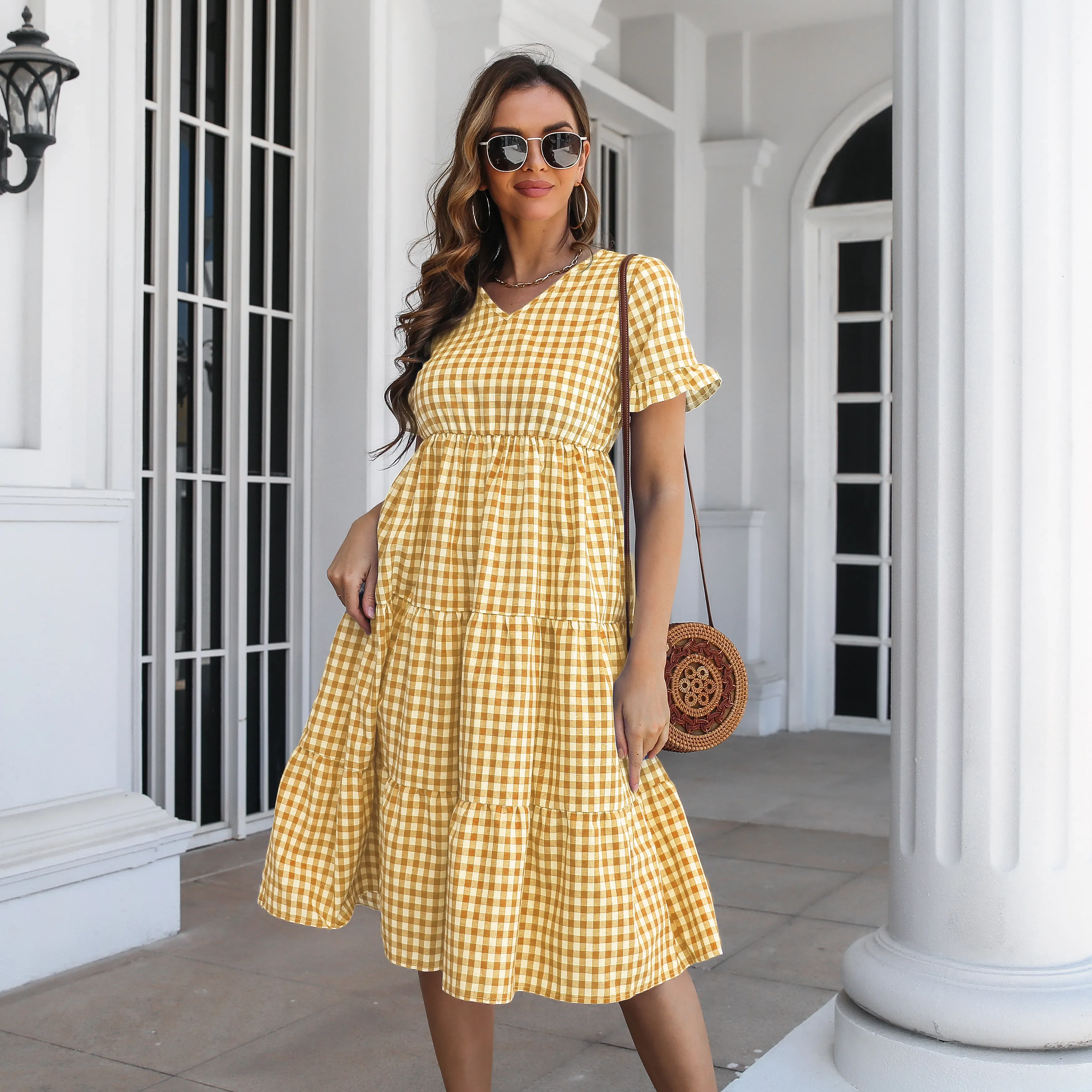 Yellow Gingham VNeck Maxi