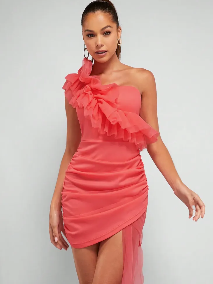 Coral Ruffle One Shoulder Mini Dress - Image 1