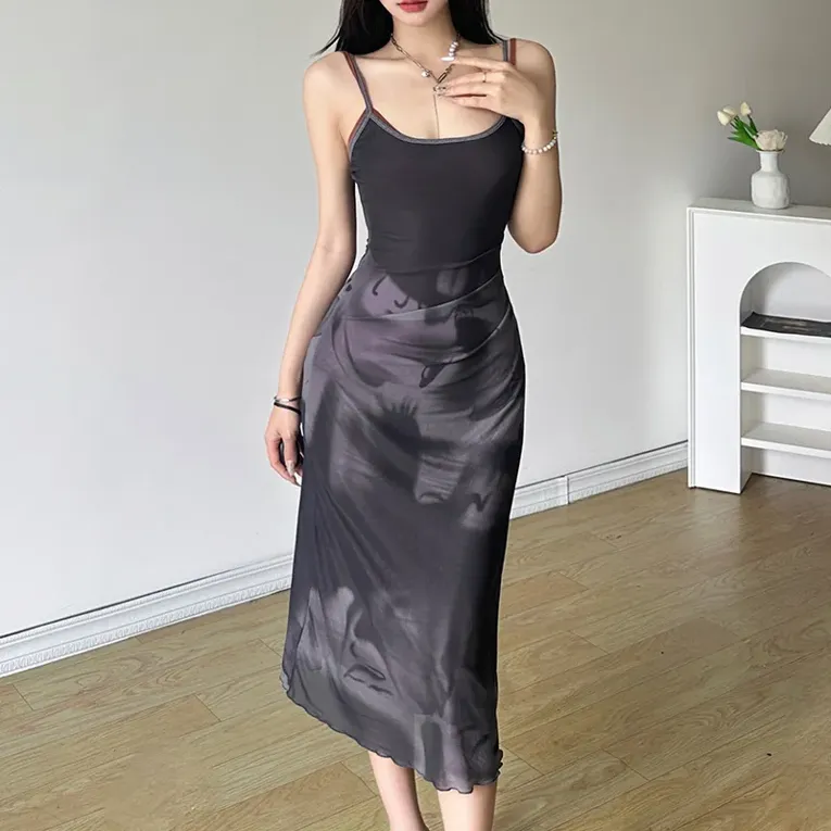 Charcoal Grey Abstract Line Midi Dress - Image 1