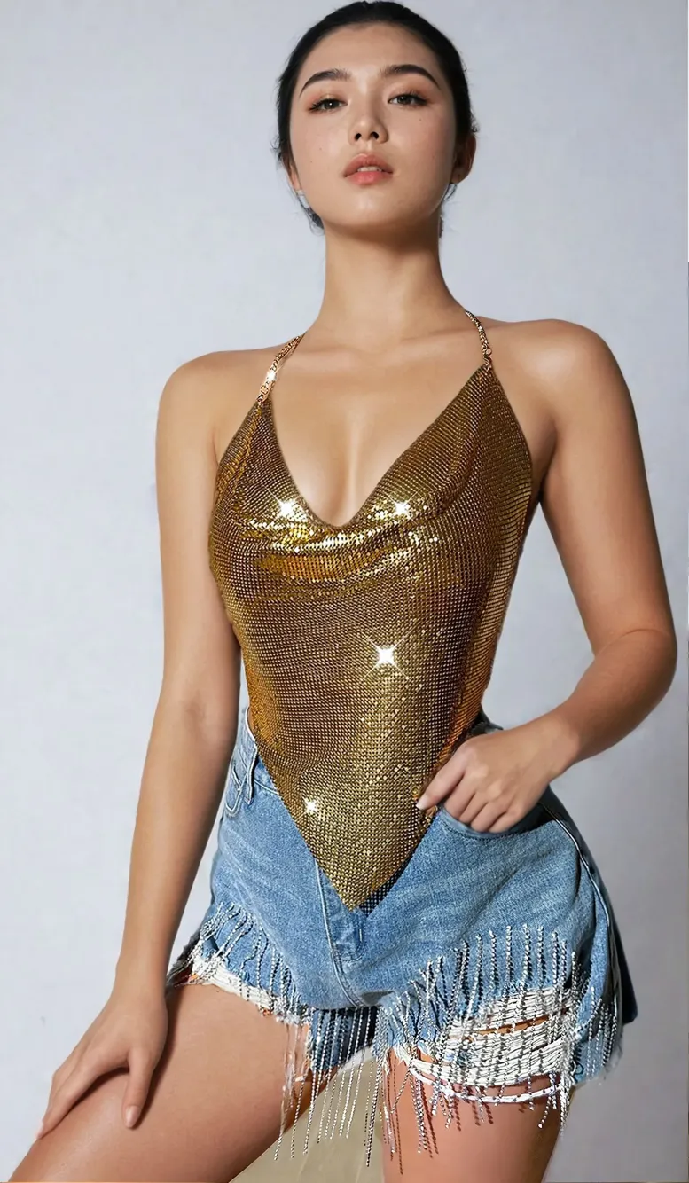 Gold Metallic Cowl Neck Crop Top - Image 1