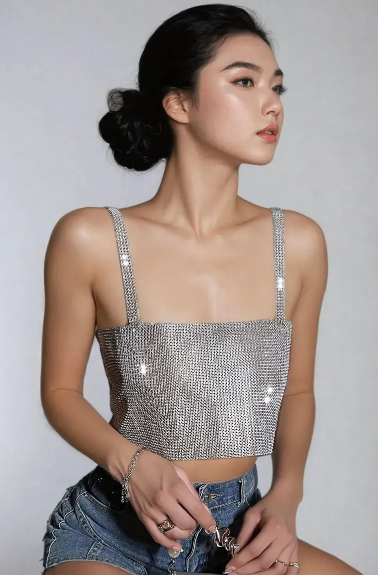 Silver Metallic Square Neckline Crop Top - Image 1