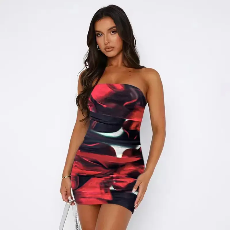 ★YOUTHBATH★PIERCE MESH DRESS_RED★正規品/韓国直送料込/人気 Red Abstract Print Tube Micro Mini Dress - NEWME