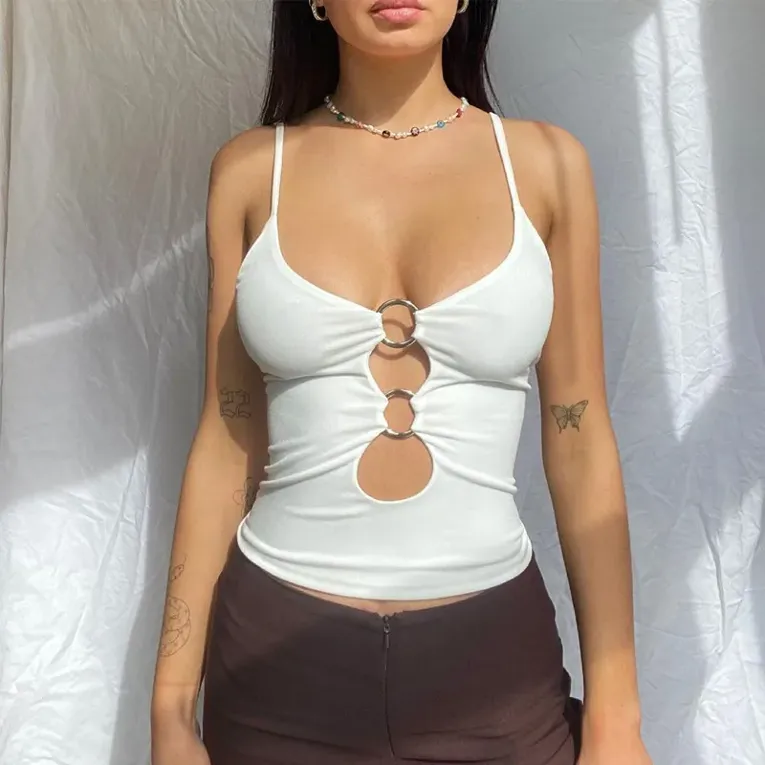 White Solid Cut Out Fitted Top - Image 1