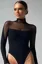 Black Solid Mesh High Neck Bodysuit