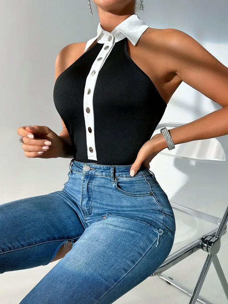 Black Colorblock Collared Bodysuit - Image 1