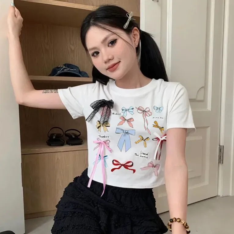 White Bow Detail Crop Top - Image 1
