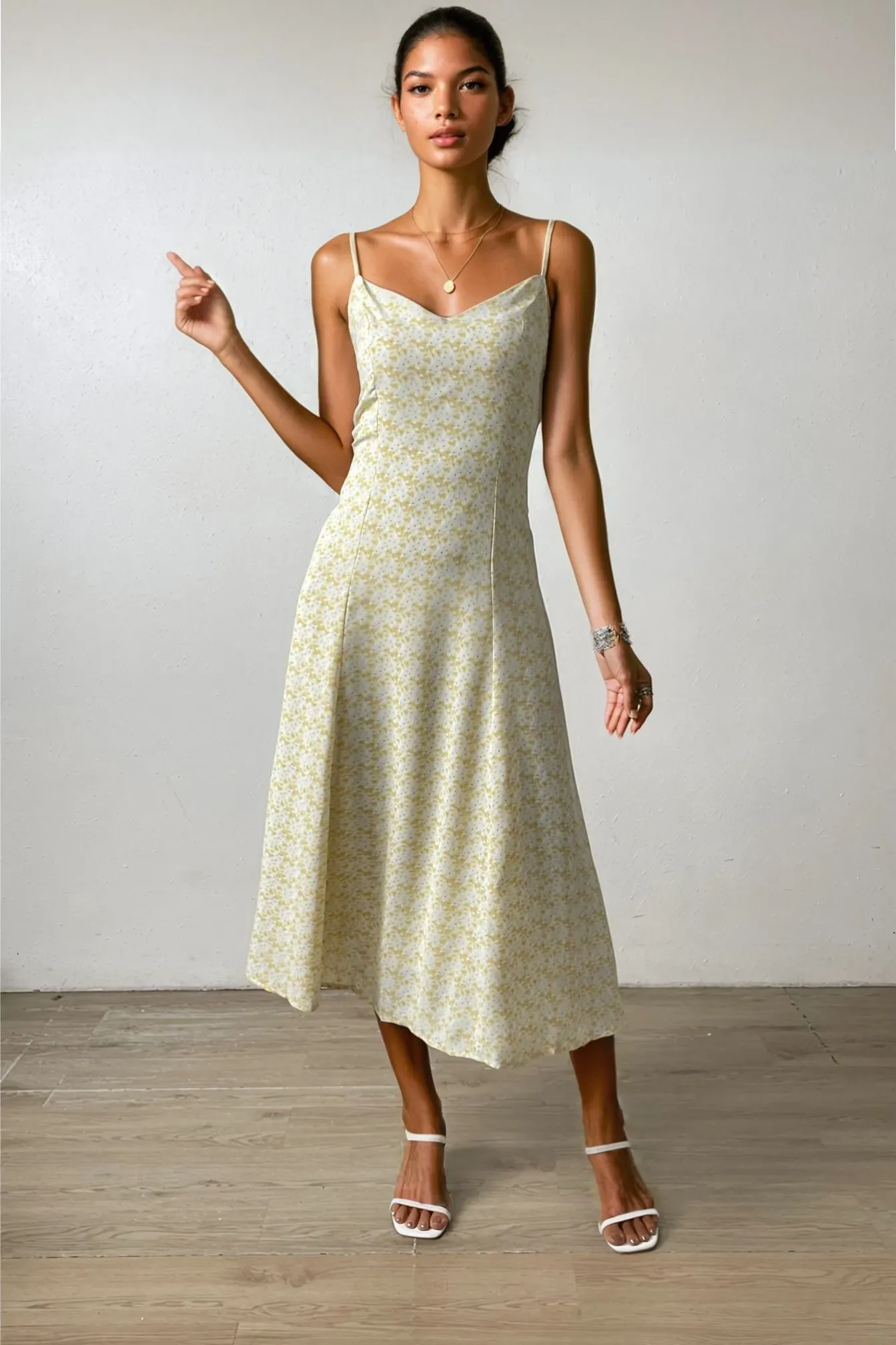 Elegant Yellow Flower Print V-Neck Long Sleeve Straps Midi Dress