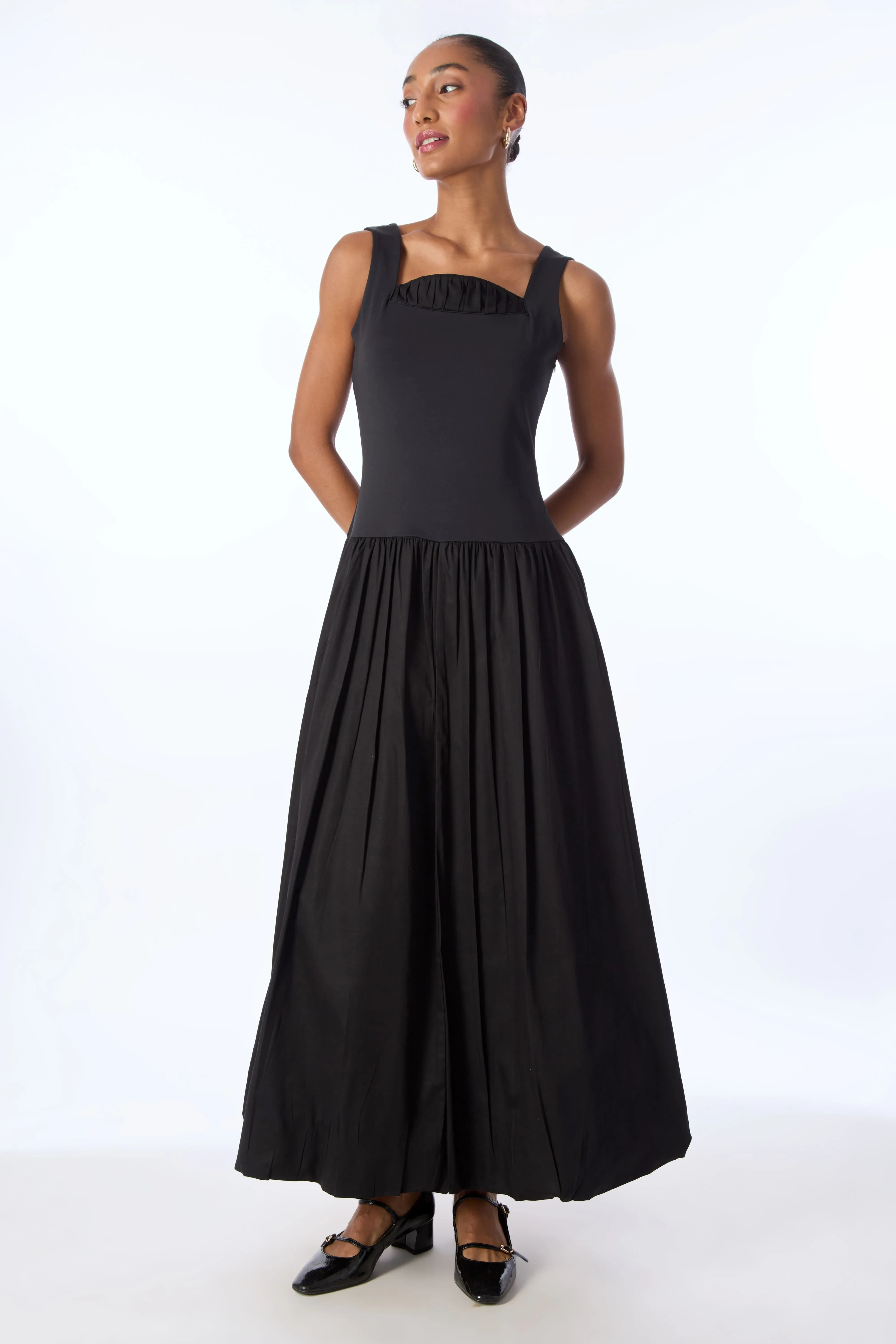 Mouni Roy Inspired Black Solid Bubble Hem Maxi Dress NEWME