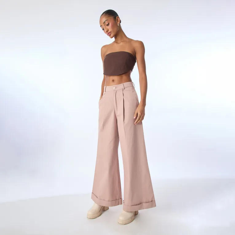 Light Brown Wide Leg Pleated Trousers - Image 1