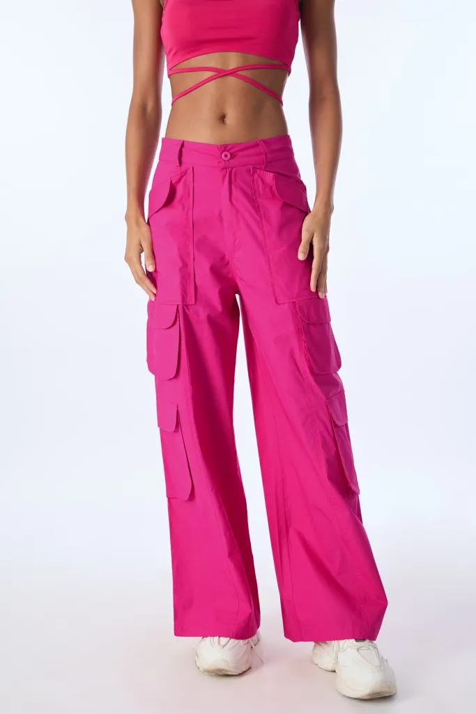 Magenta Solid Cargo Trousers - NEWME