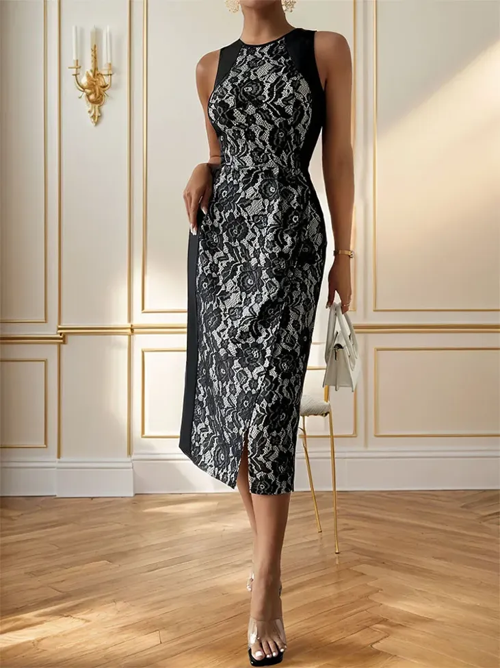 Black Lace Slit Sheath Dress - Image 1