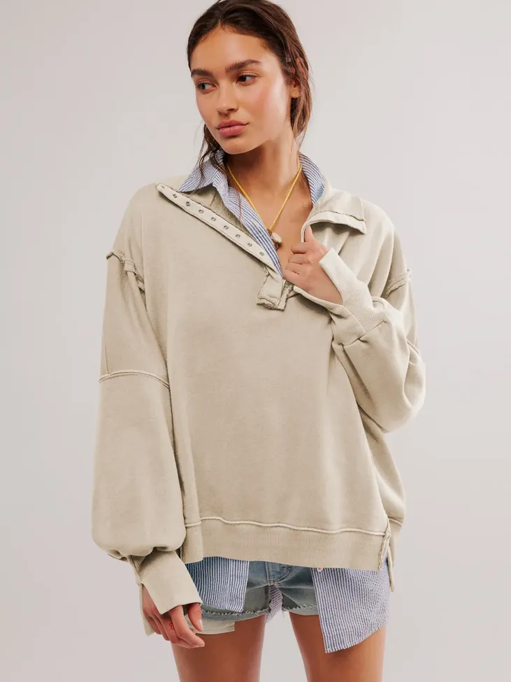 Beige Solid Oversized Sweatshirt - Image 1