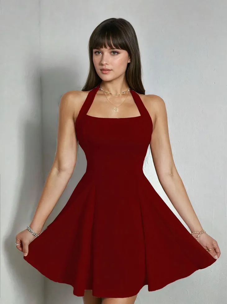 Burgundy Halter Mini Dress - Image 1