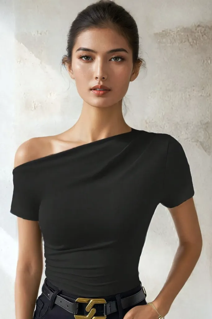 Black Solid One Shoulder Top - Image 1