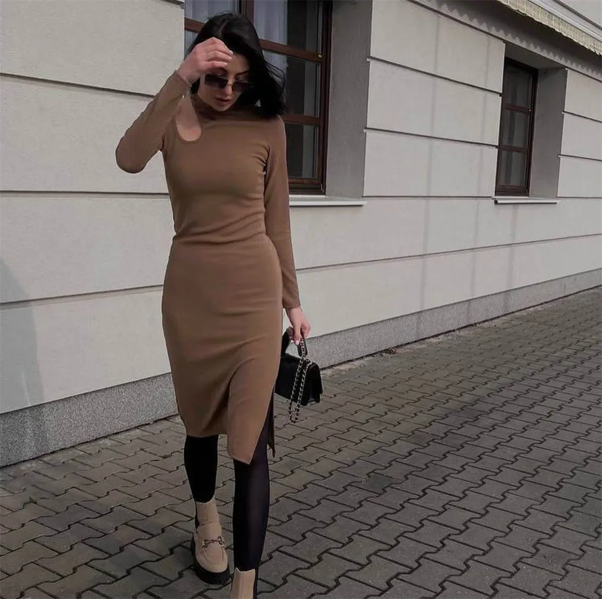 Brown Solid Cut Out Bodycon Dress