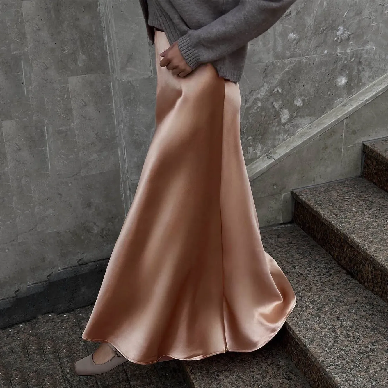 【PORTERNA】Maro Satin Long Skirt Light Brown High Waist Line Satin Skirt - NEWME