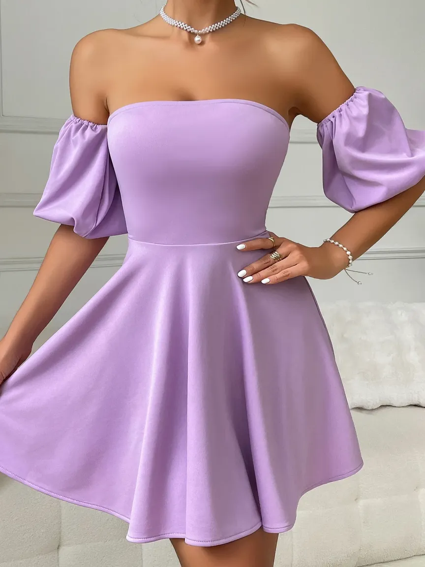 Lavender Solid Flared Mini Dress - NEWME