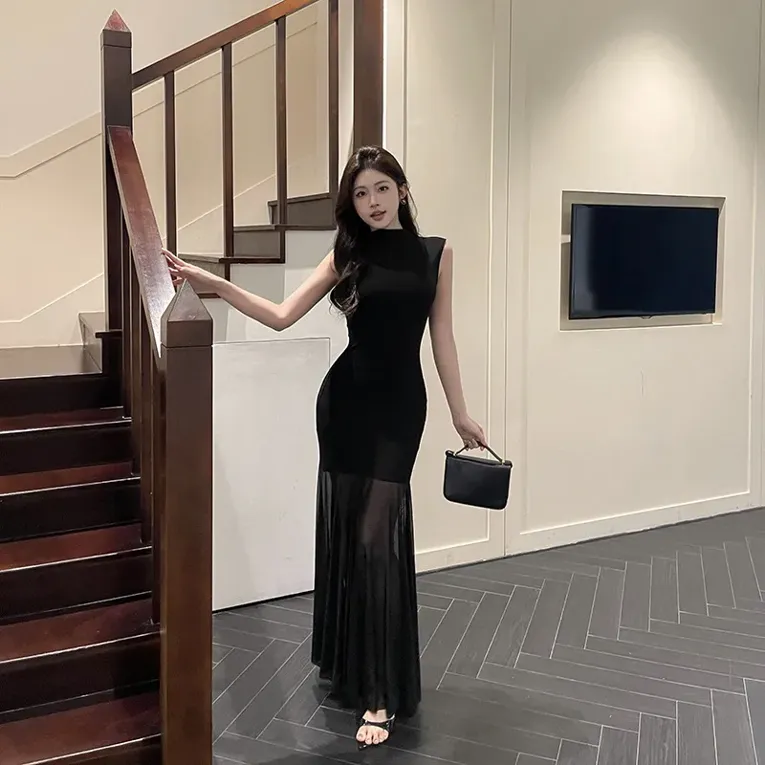 Black Solid Mock Neck Maxi Dress - Image 1