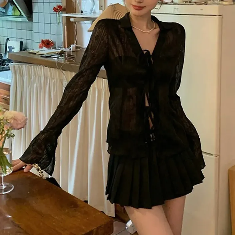 Black Textured Tie Up Shirt - NEWME