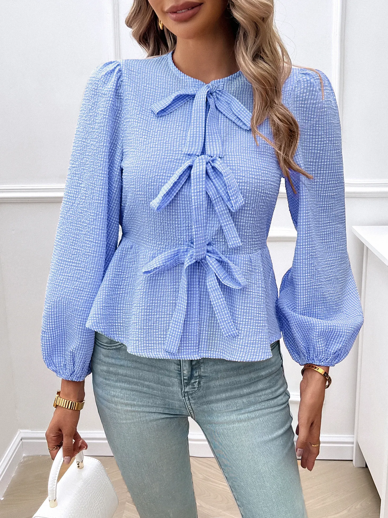 Blue Gingham Check Peplum Top - NEWME 