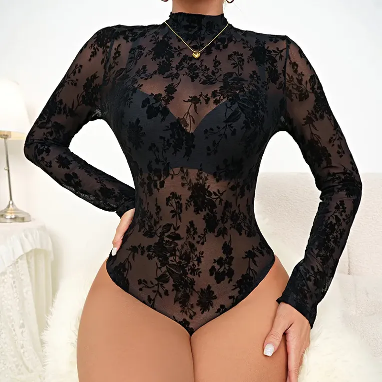 Black Floral High Neck Sheer Bodysuit - Image 1