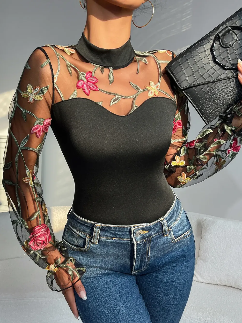 Black Floral Embroidered Bodysuit - NEWME