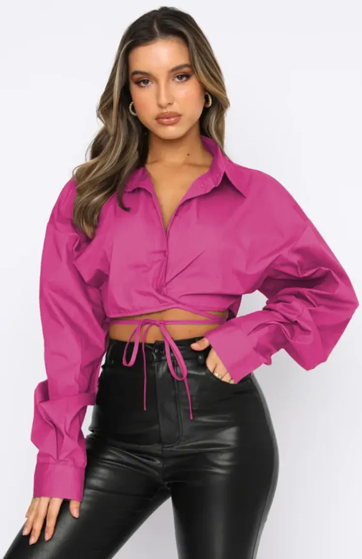 Fuchsia Solid Tie Up Crop Shirt - Image 1