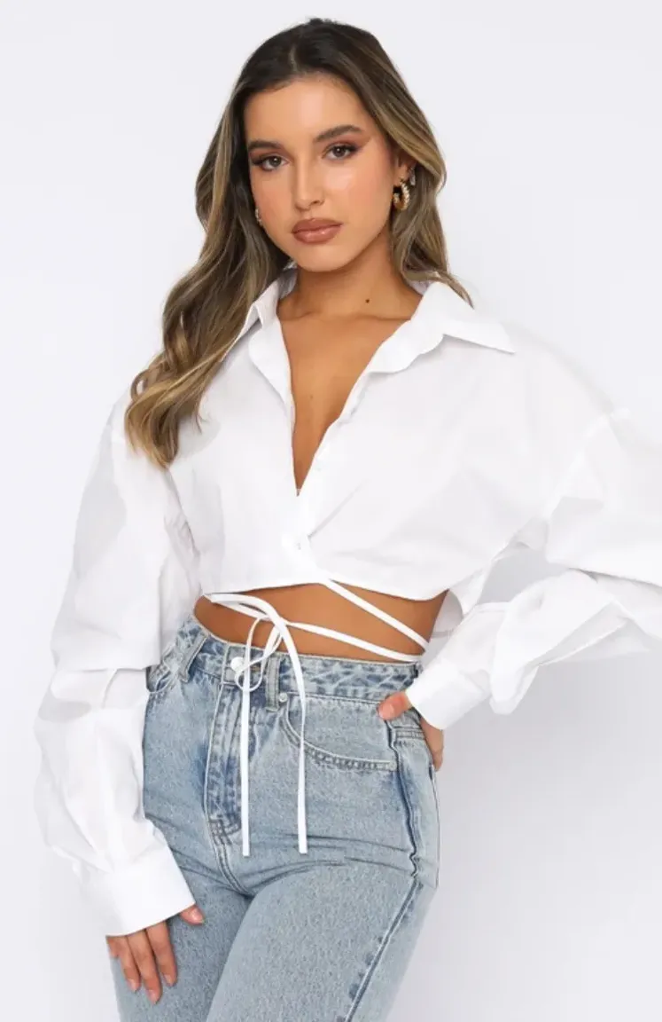 White Solid Tie Up Crop Shirt - Image 1