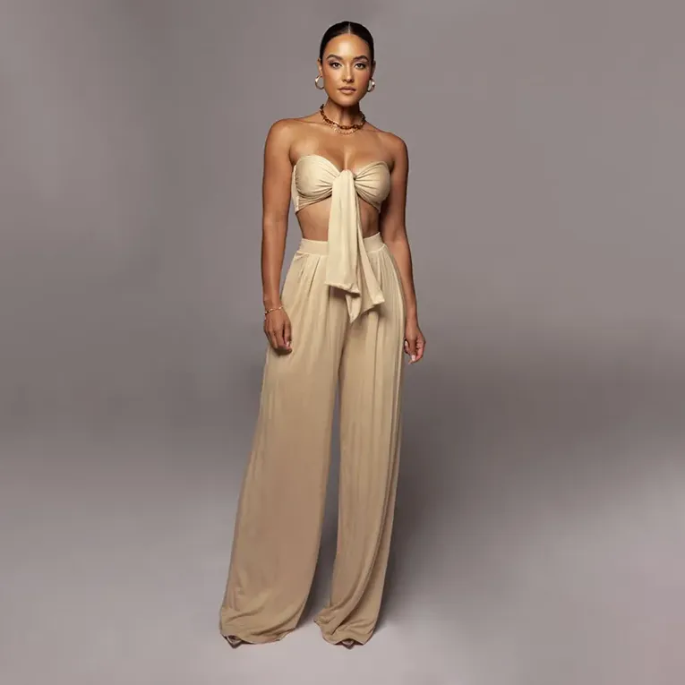 Beige Sweetheart Neck Tie Up Co Ord Set - Image 1