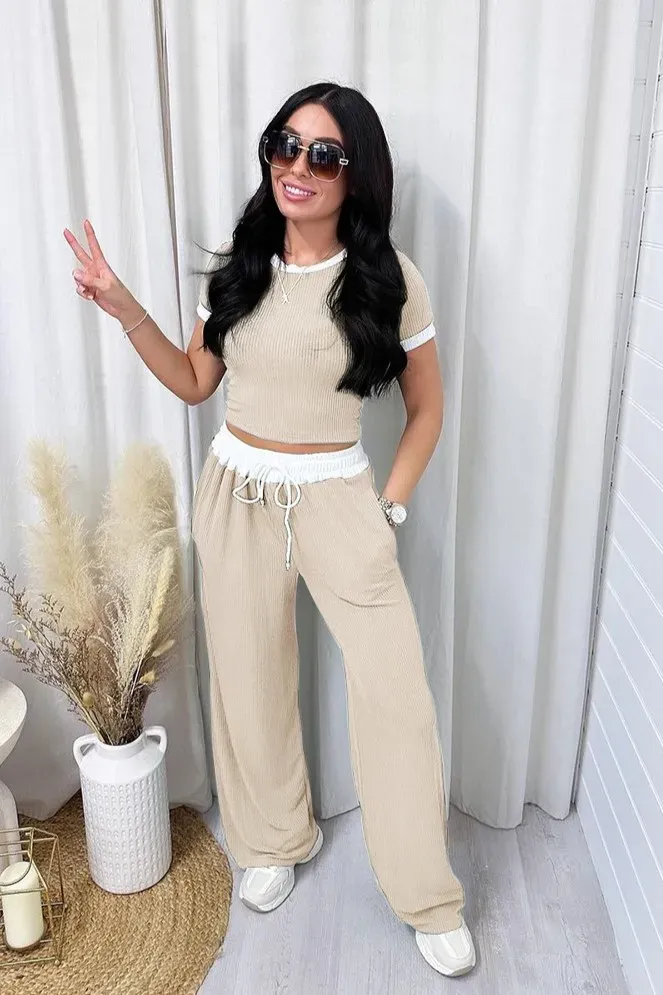 Beige Solid Contrast Hem Co Ord Set - Image 1