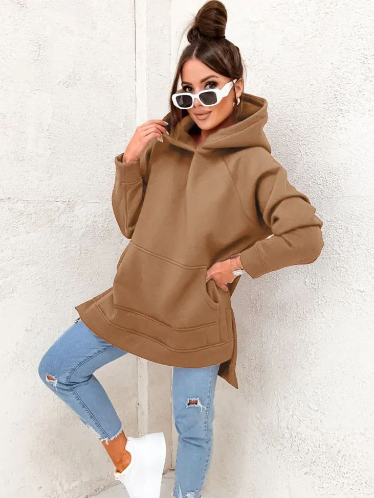Khaki Solid Hooded Relaxed Sweatshirt - Image 1