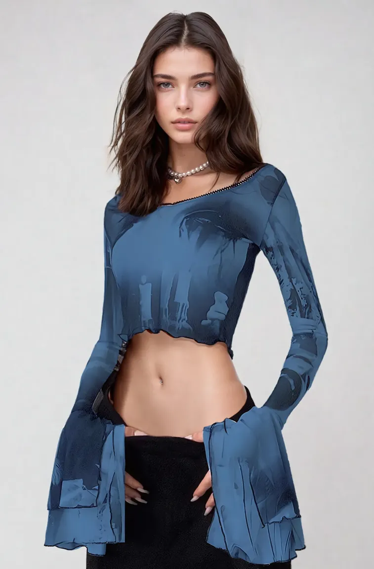 Blue Abstract Boat Neck Crop Top - Image 1