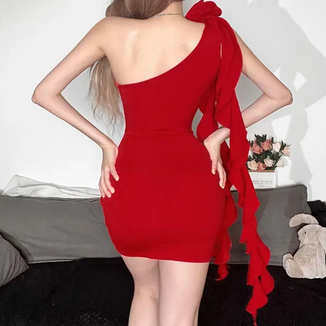 Red One Shoulder Ruffle Dress - NEWME