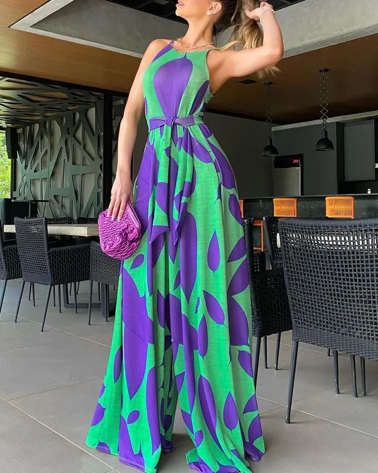 Green Printed Flared Jumpsuit - Image 1