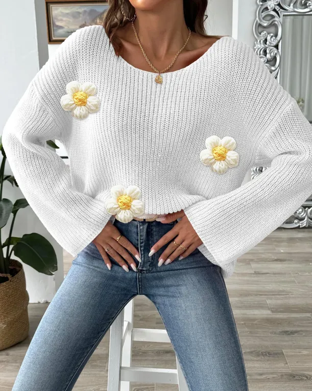 White Floral Round Neck Sweater - NEWME