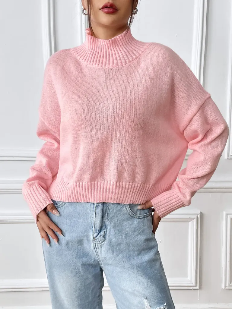 Pink Mock Neck Relaxed Sweater - NEWME