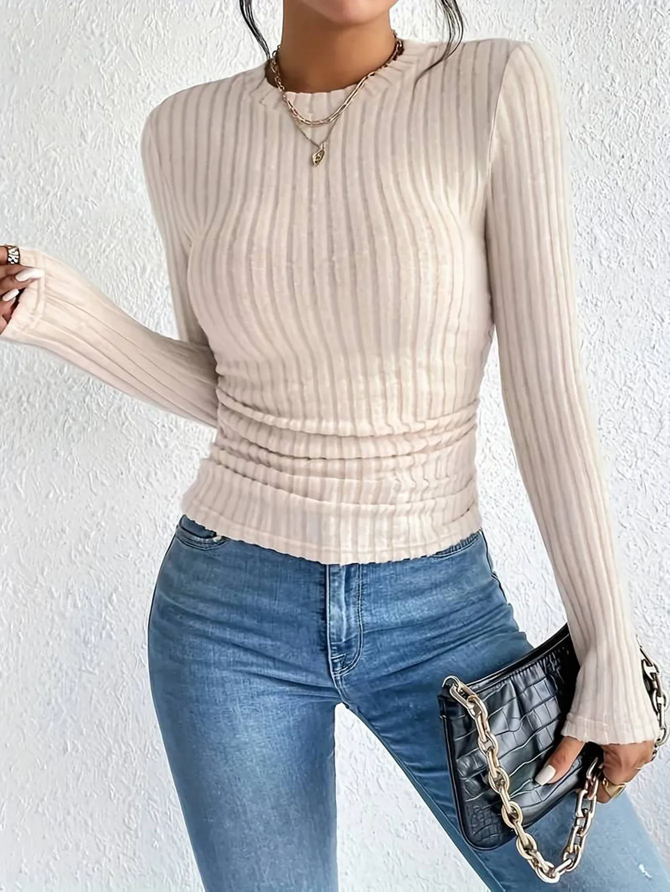 Cream Ribbed Round Neck Top - Image 2