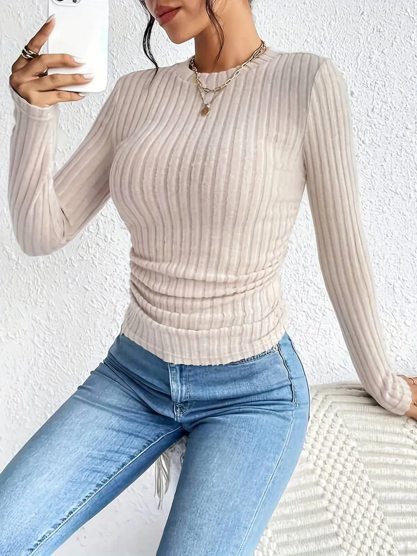 Cream Ribbed Round Neck Top - Image 3