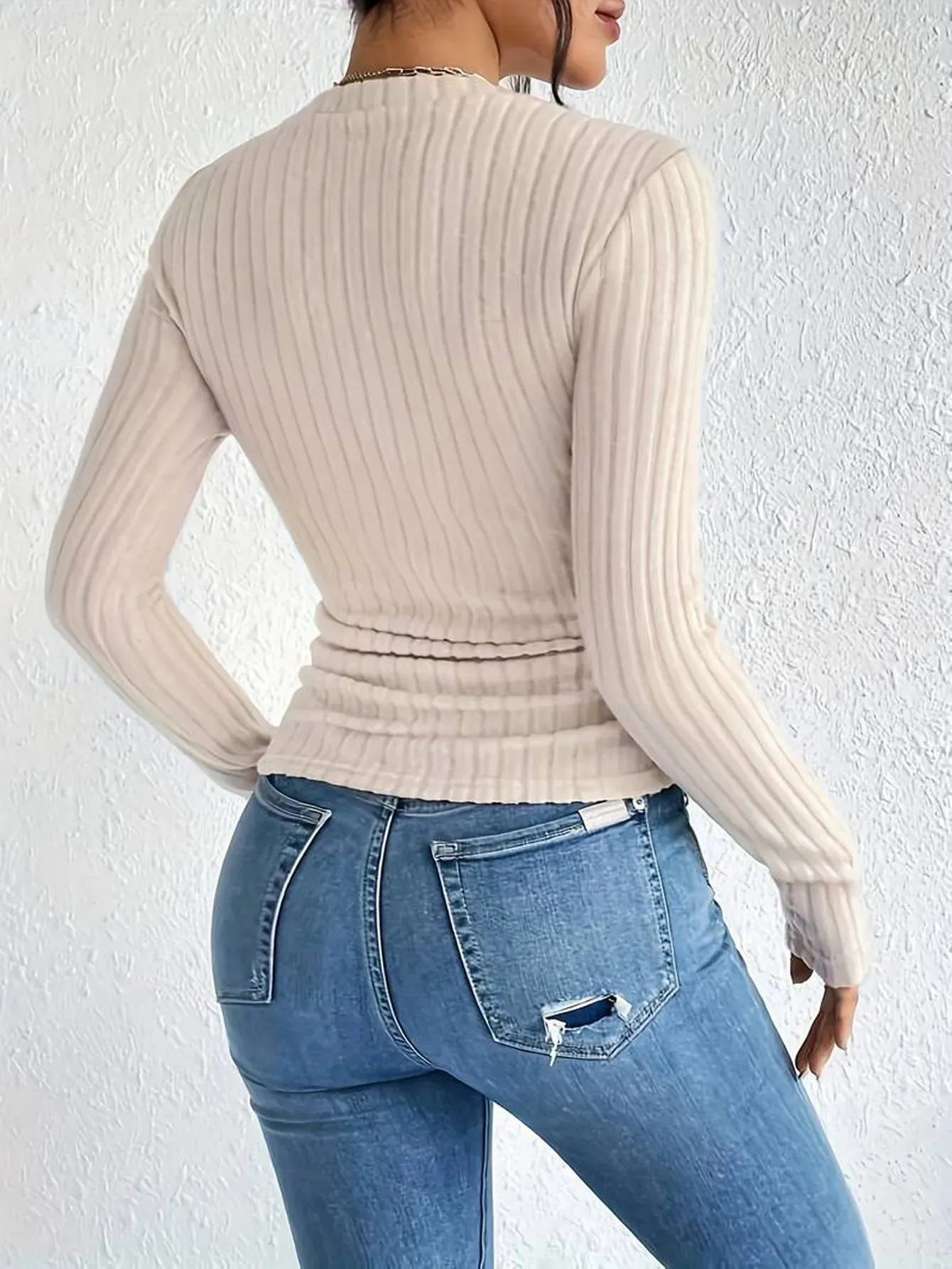 Cream Ribbed Round Neck Top - Image 4