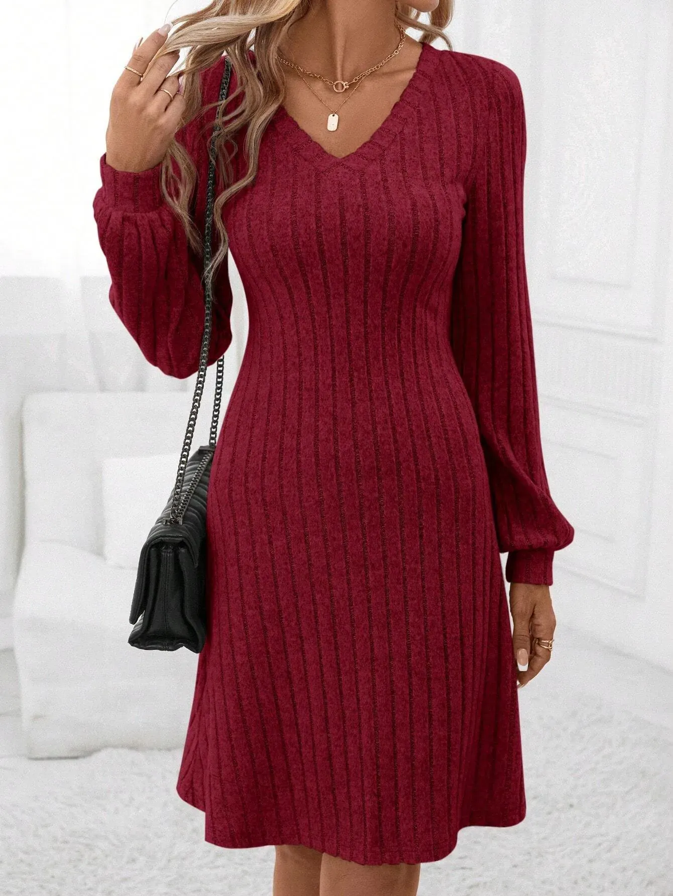 Maroon Ribbed Neck Dress NEWME
