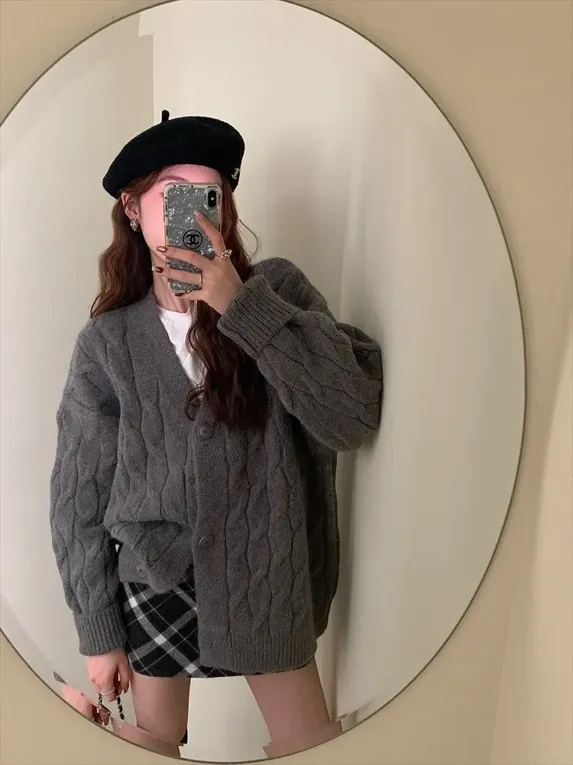 Charcoal Solid Cable Knit Cardigan - NEWME