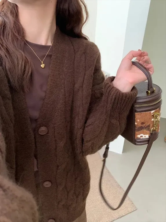 Dark Brown Solid Cable Knit Cardigan - NEWME