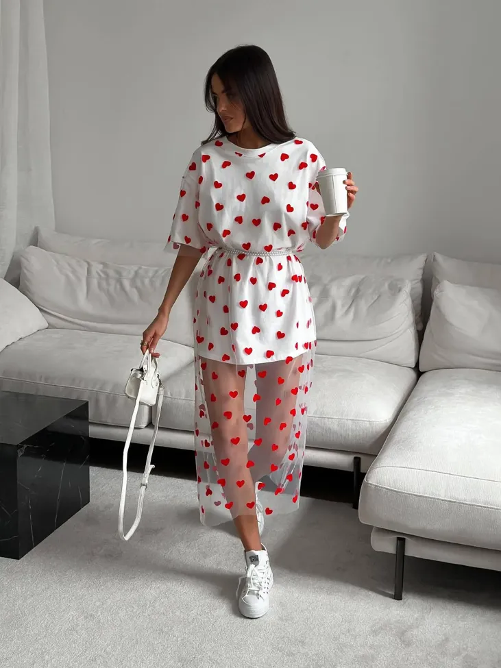 Red Heart Pattern Sheer Dress w/o Inner Dress - Image 1