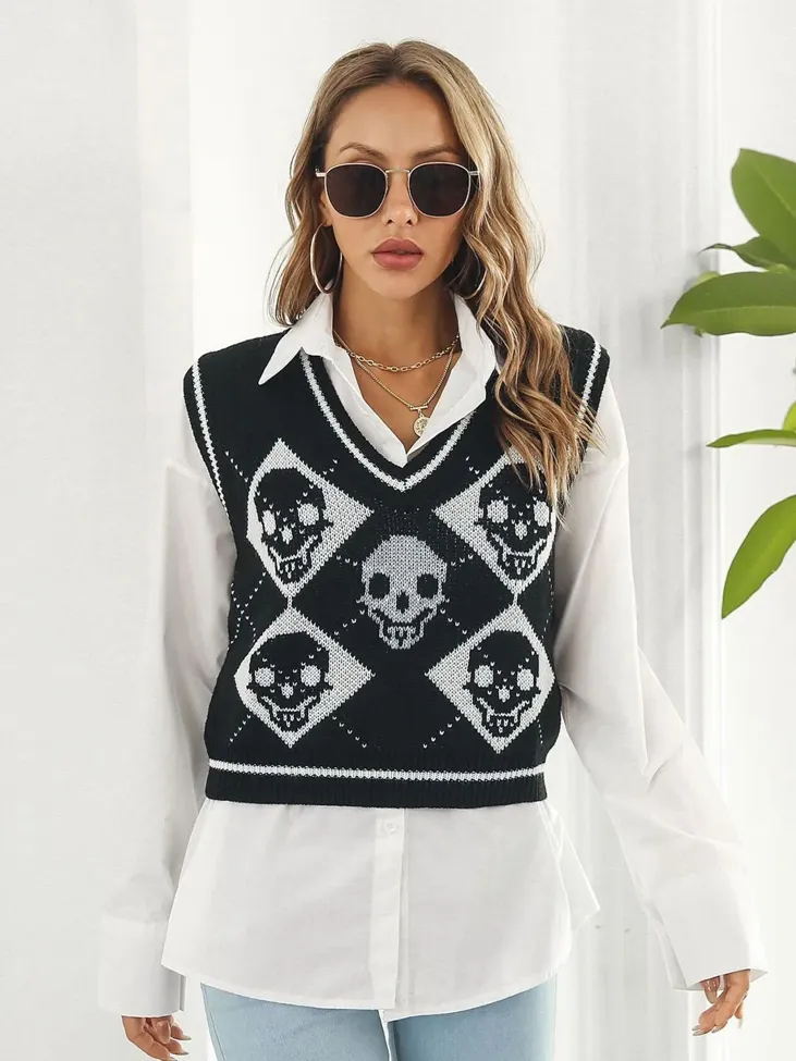Black Graphic V-Neck Sweater Vest - Image 1