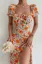 Orange Floral Square Neck Midi Dress