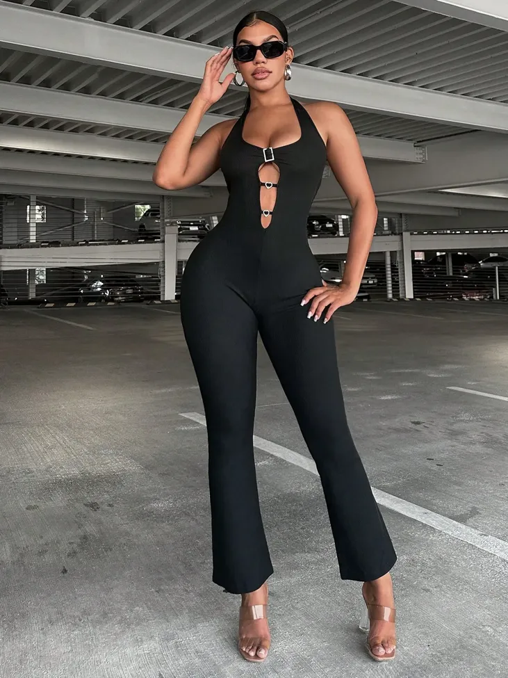 Black Solid Buckle Detail Jumpsuit - Image 1